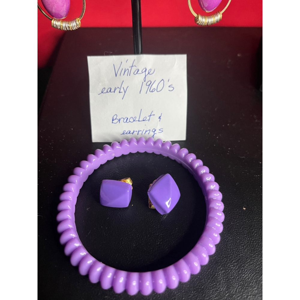 Vintage 1960s Lavender Clip-On Earrings & Bangle Set